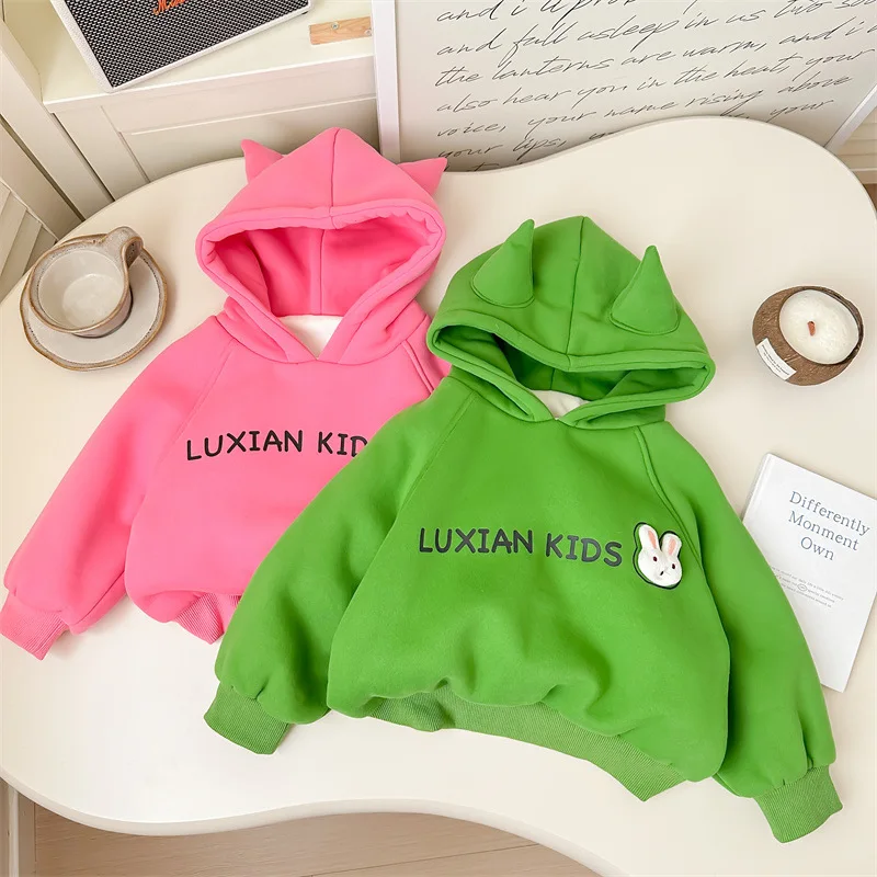 Baby Girl Brushed Hoody Autumn and Winter Western Style2024New Thickened Warm Coat Men and Women Baby Winter Clothes Trendy