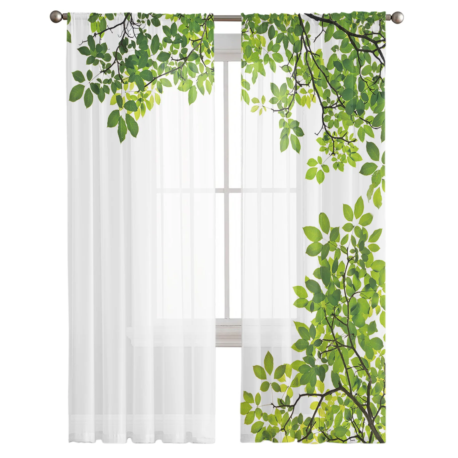 Green Branches Plant Leaves Tulle Curtains for Living Room Bedroom Modern Kitchen Sheer Curtains for Voile Curtain