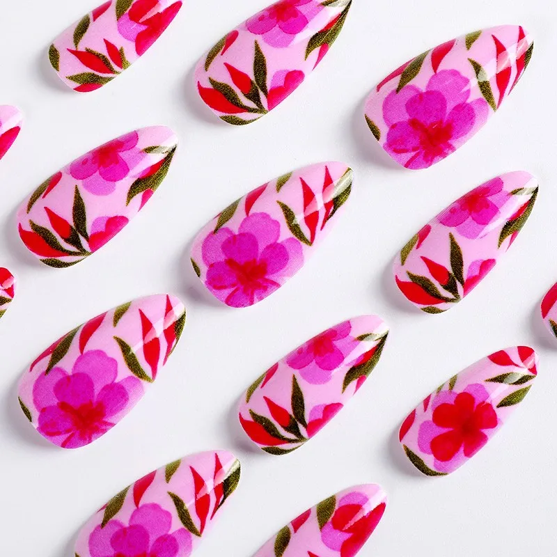 24pcs Flowers Fake Nails Almond Head Press on Nails Patch Fashion Nail Beauty Fake Nail Tips for Girl Women Wearable Full Cover