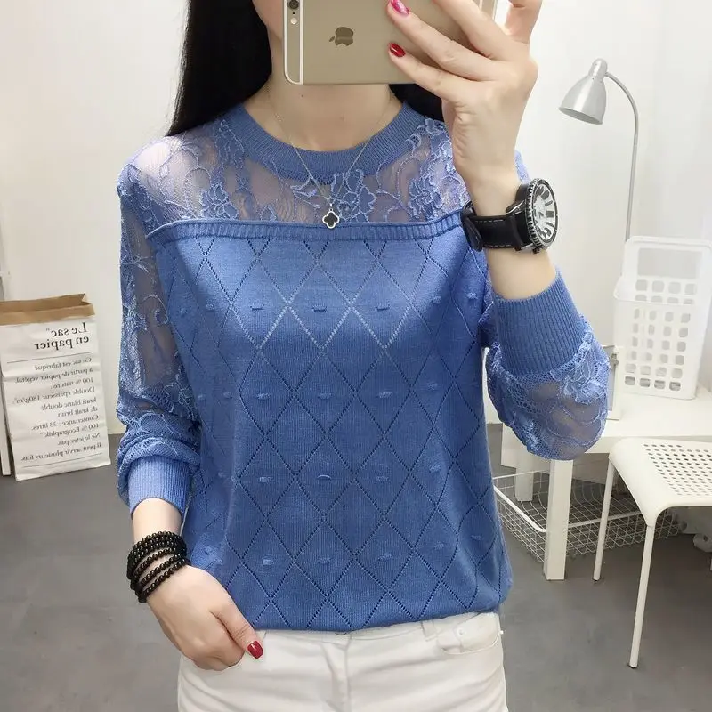 2022 Spring Summer Thin Long Sleeve Argyle Pattern Knitted Jumpers Women's Fashion All-match O-Neck Lace Spliced Solid Sweaters