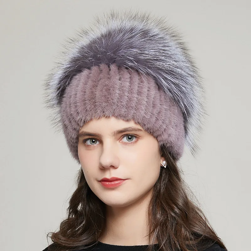 

Mink Hat Women's Fashion Knitted Mink Skin Hat Elastic Fox Hair Winter Fur Bald Hat