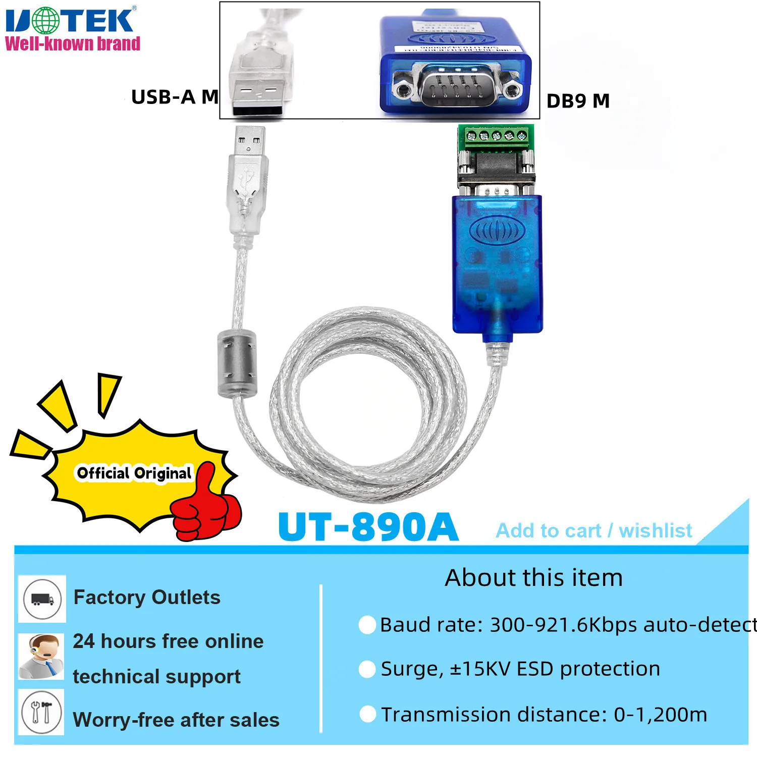 

UOTEK 1,5 м, 3 м, USB-адаптер для фотовспышки, переходник RS422 RS485 USB2.0, кабель DB9, прозрачный с чипсетом, магнитное кольцо, фотовспышка