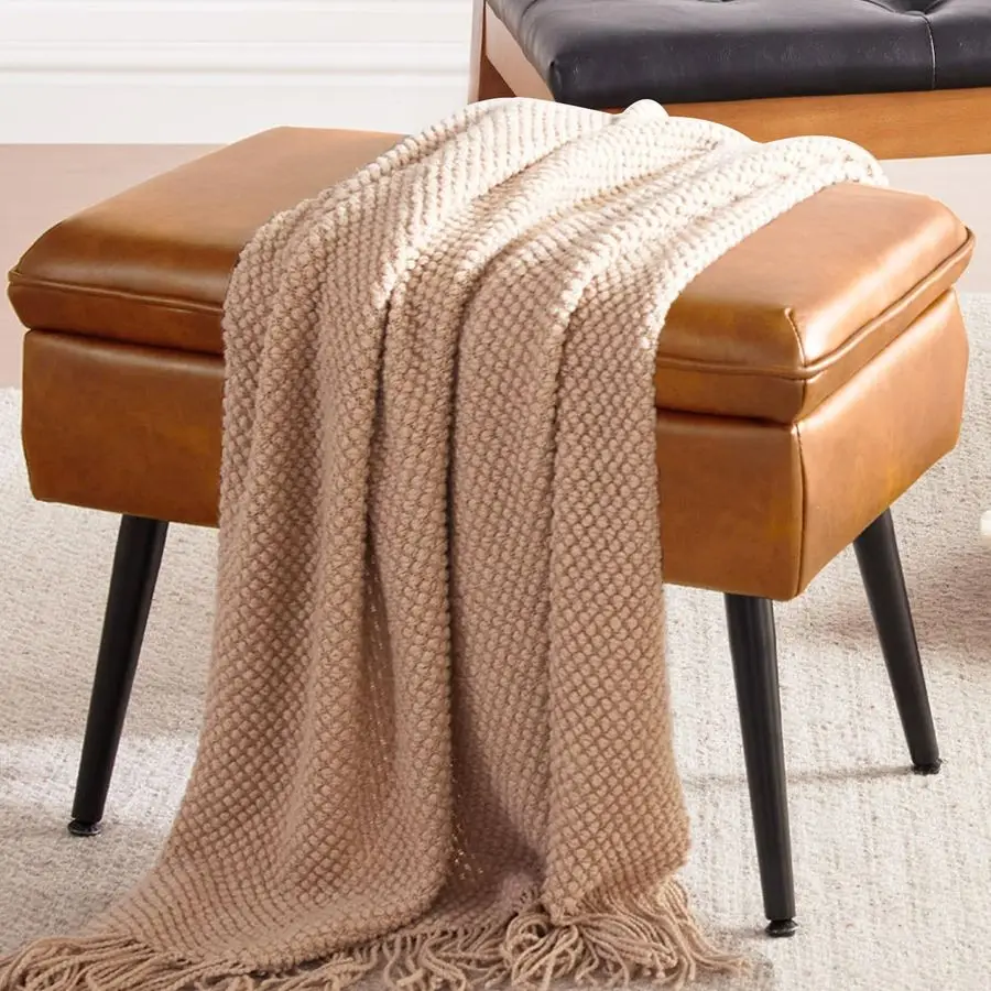 Ottoman Upholstered Stool with Padded Seat, Tufted Vanity Stool with Metal Legs, Accent Stool, Faux Leather, Cognac Brown