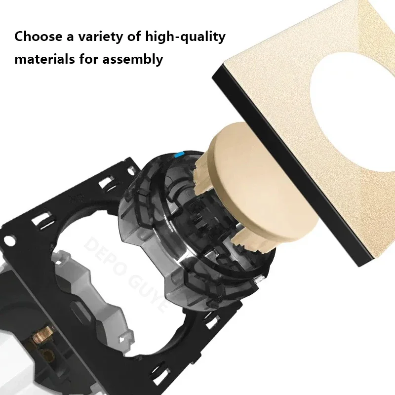 Botón dorado de lujo, interruptor redondo de pared de 1/2 vías, Panel de vidrio templado, enchufe doble eléctrico EU FR UK y interruptor de luz indicadora Led