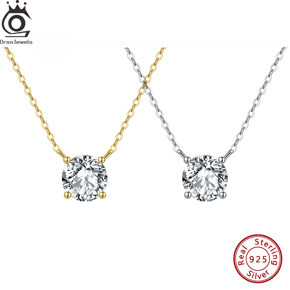 

ORSA JEWELS 925 Sterling Silver Round Cut Solitaire Pendant Necklace Female 14K Gold Rhodium Shiny CZ Neck Chain Collares APN13