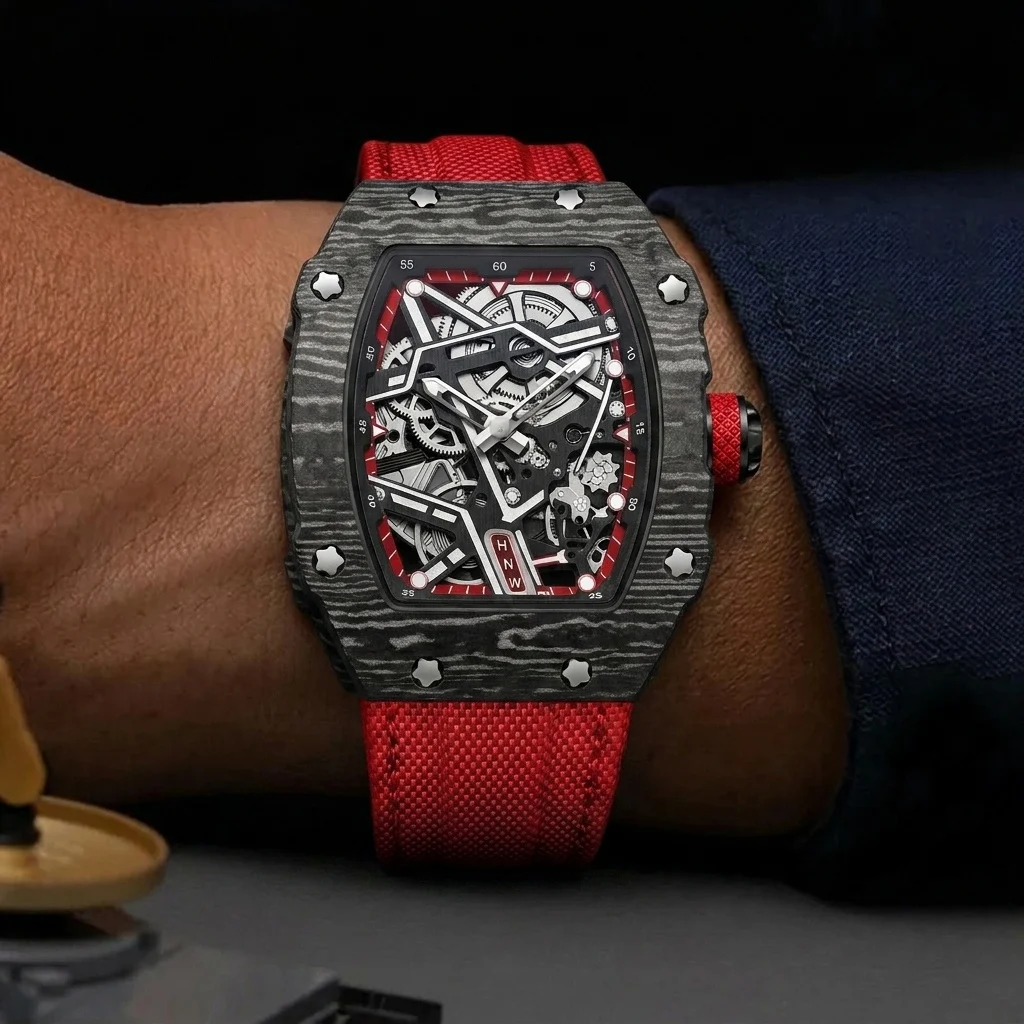Black Striped Pattern Nylon Strap Unique Ultra-thin Tonneau Barrel Quartz Watches Men Decorative Dial Distinctive Clock Reloj