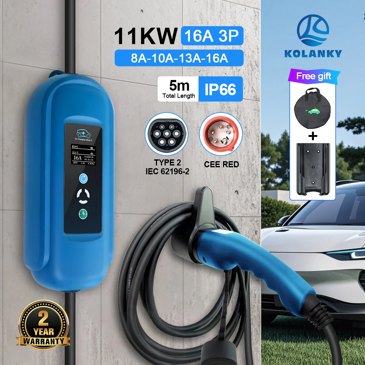 Kolanky 16A 11KW 3P EV Charger  Type 2 IEC-62169 EU Standard Adjust Current Timer Charging Electric Vehicle Car Charger Total 5M