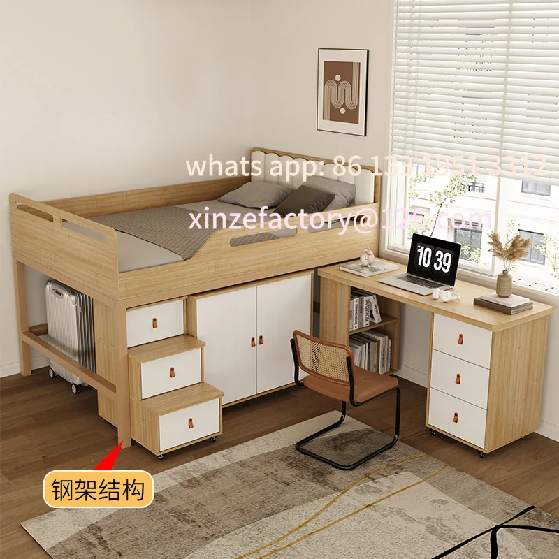 

Customizable modern simple steel frame bed 1.2 meters heightened fence with ladder cabinet wardrobe integrated
