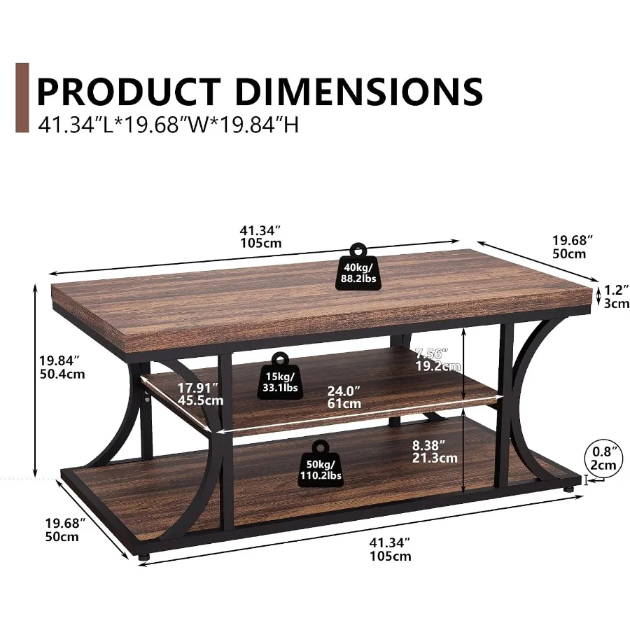 Coffee Table with Storage for Living Room, Farmhouse Style 3-Tier Wood Table in White with Rustic Charm and Ample Shelving Spac