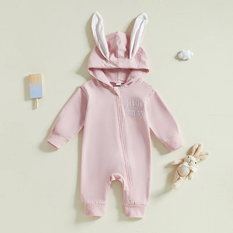 Lovely Autumn Newborn Baby Boys Girls Easter Rompers Letter Embroidery Zipper Long Sleeve Hooded Sweatshirts Jumpsuits Overalls