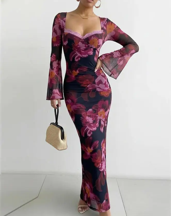 

Women's Dress Summer New Style Sexy Style Crocheted Lace Splicing Low Cut V-Neck High Waist Flared Sleeve Wrapped Hip Dress