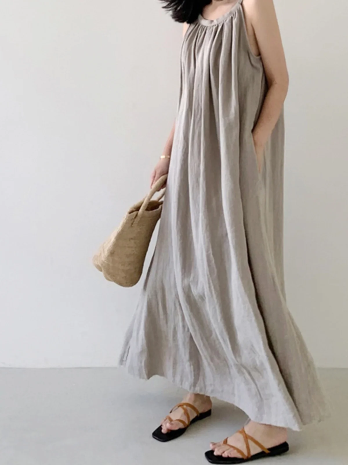 

Хлопково-льняное длинное платье-комплект, женское летнее праздничное свободное платье больших размеров, круглое платье чистого цвета