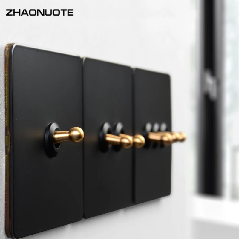 

Retro Wall Toggle Switch 1-4 Gang 2 Way Knurled Copper Lever Black Stainless Steel Panel Wall Light Switch EU Socket