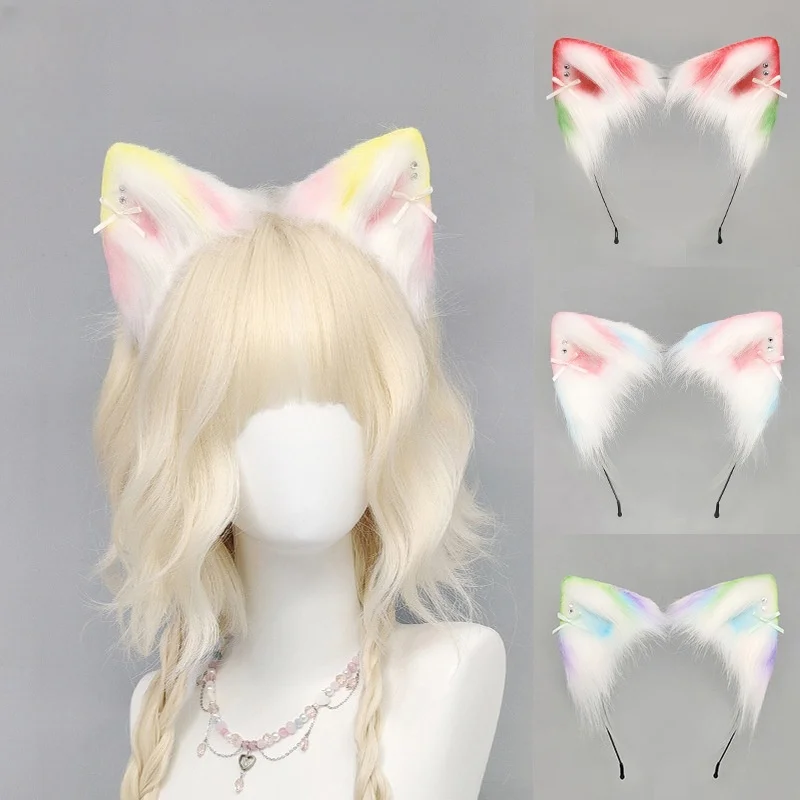 

Плюшевая повязка на голову с кошачьими ушками, лентами и бантом, в стиле Лолита, макаронных цветов, милый аксессуар для волос для девочек