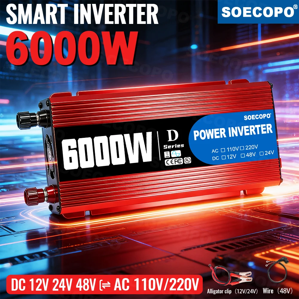 

SOECOPO 6000W Peak Inverter Car Voltage 12V 24V 48V To 110V 60Hz 220V 50Hz Current for Camping Portable Battery Converter Home
