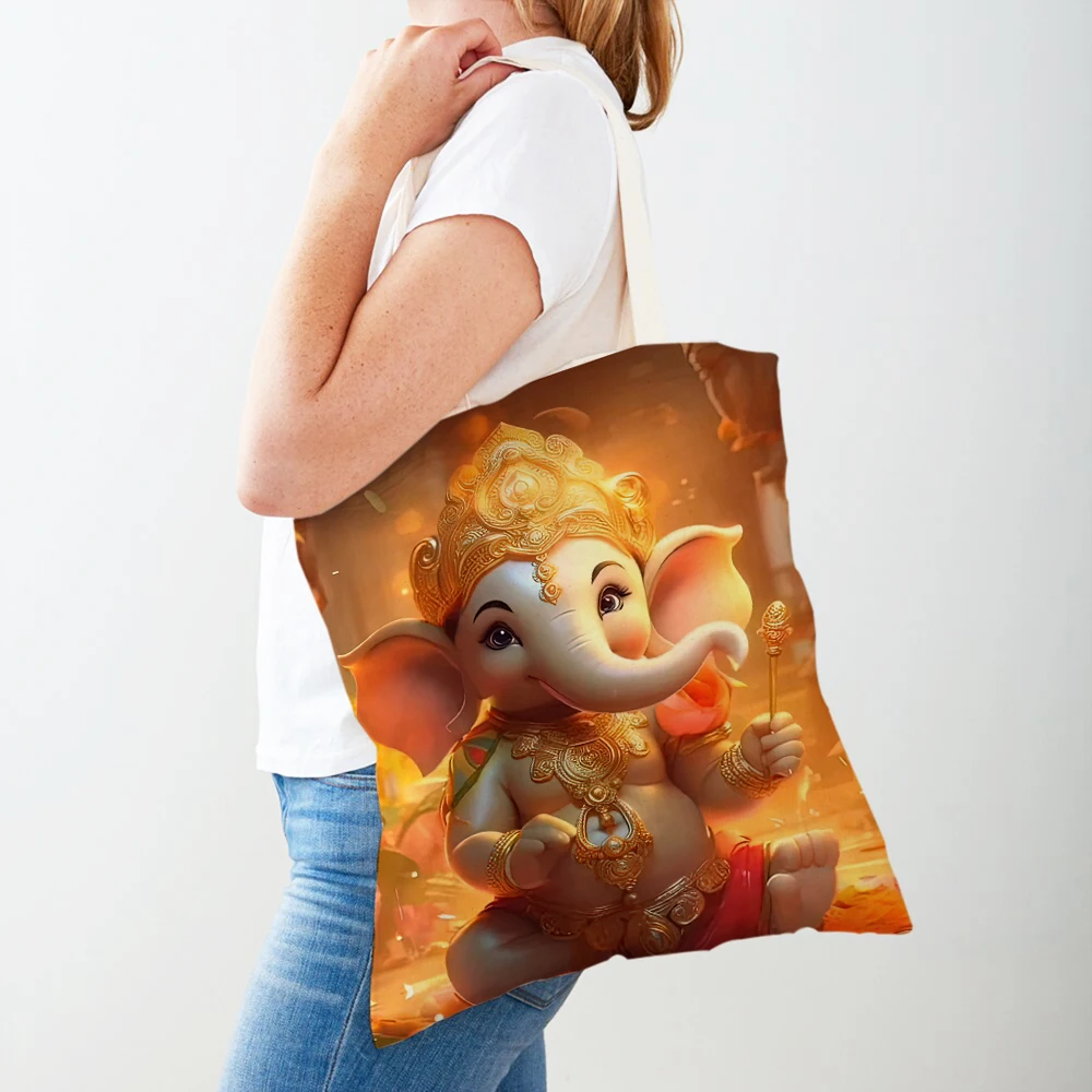 Cute Cartoon Shiva Ganesha Casual Women Shopping Bag Both Sides Indian Mythology Canvas Girl Travel Tote Handbags Shopper Bags