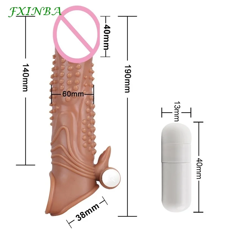 FXINBA 19cm Big Penis Sleeve Extender With Vibration Male Cock Sleeve Spikes Sex Toy For Men Delay Reusable Condom Dick Enlarger