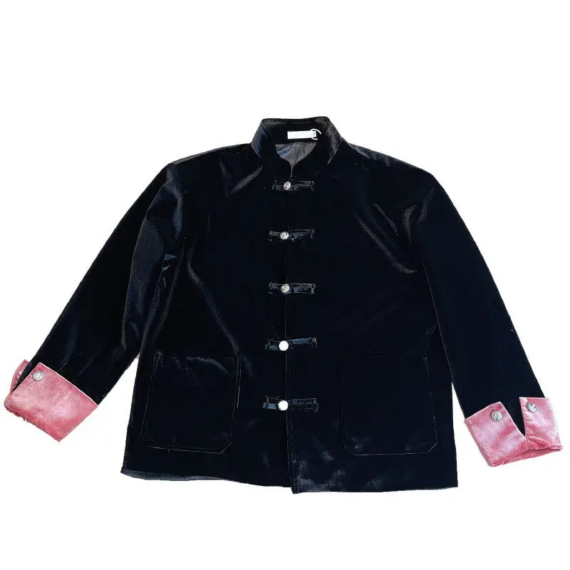

Spring Autumn Velvet Vintage Chinese Tang Suit Jaet New Sle Men's Clothing Button Hanfu Junzi Formal Wear Silk Texture