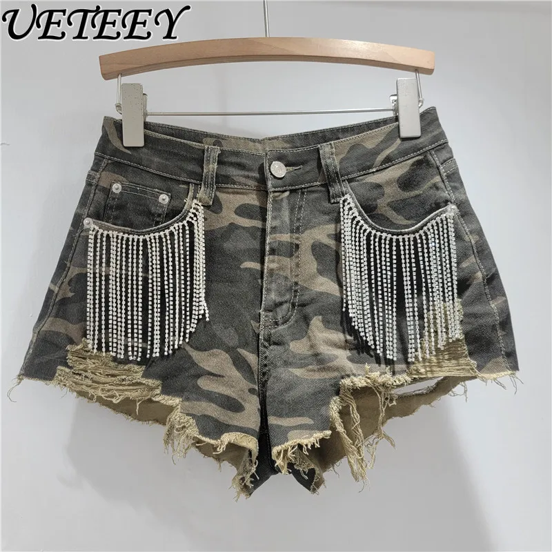 

Diamond-encrusted Tassel Denim Shorts Women's Tide 2025 Summer New Retro Leopard Print Thin Ripped Burr Edge A-word Hot Pants