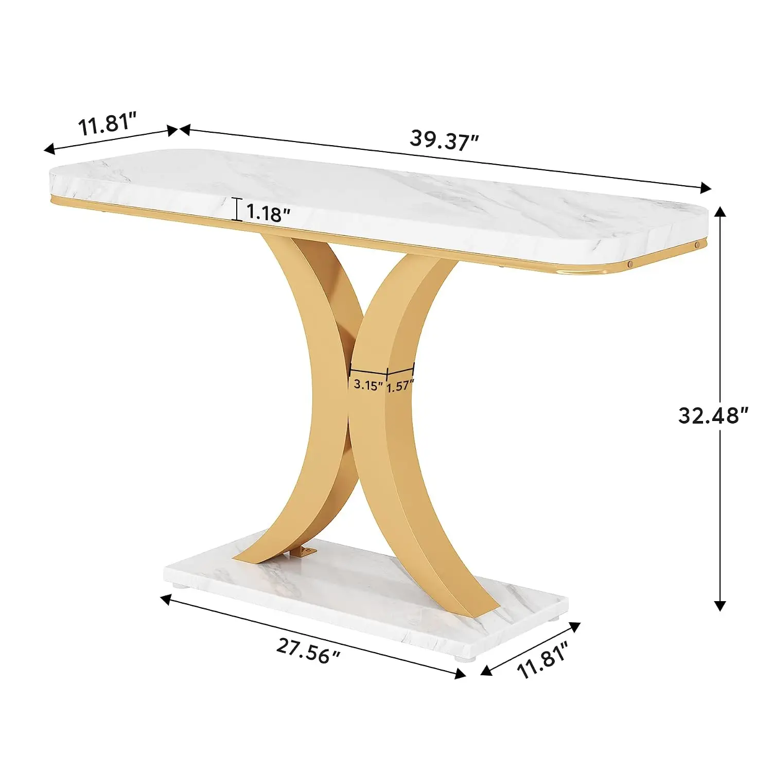 Gold Console Table 40 Inch Narrow Entryway Geometric Base Rustic Hallway Accent Living Room White, Customized