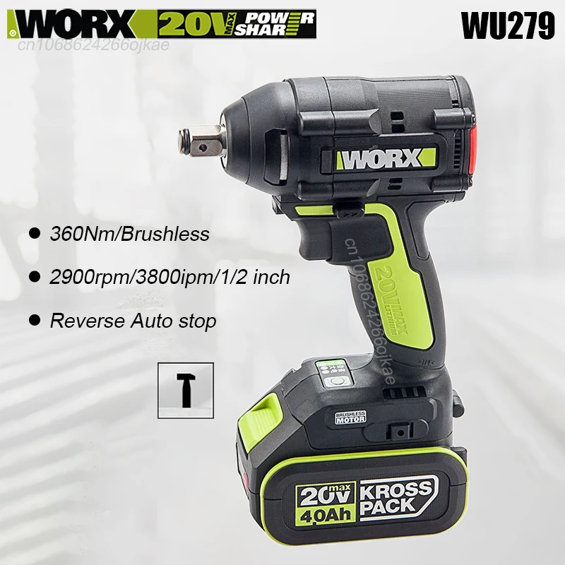 

Worx WU279 Wireless Impact Wrench Rechargeable Brushless Auto Stop Reverse 20v 360Nm 2900rpm 3800ipm Universal Kress Battery