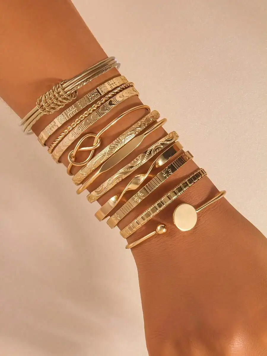 

12pcs Fashion Metal Textured Bangle Bracelet Set Boho Adjustable Layered Wristband For Daily Party Wear