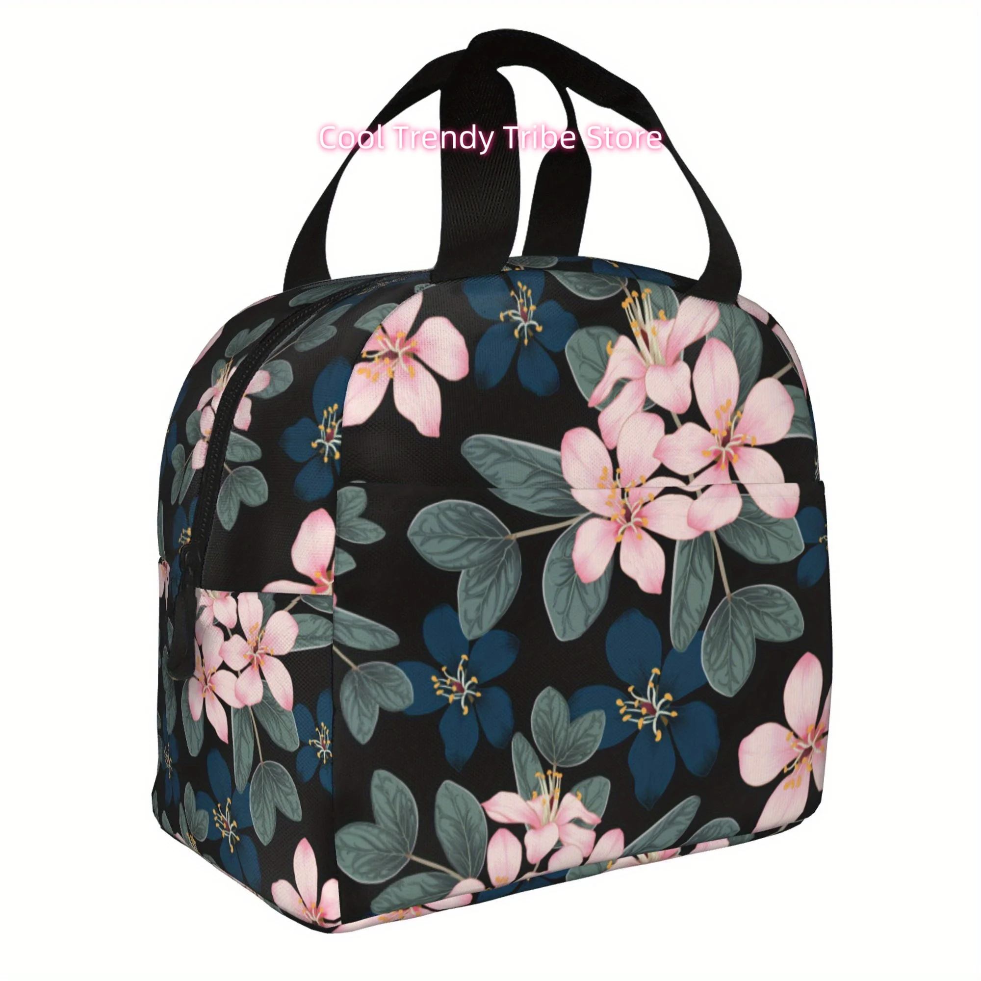 1pc Floral Pattern Portable Reusable Cooler Bag - Black with Pink and White Flowers, Non-Food Contact, Ideal for Office, Outdoor