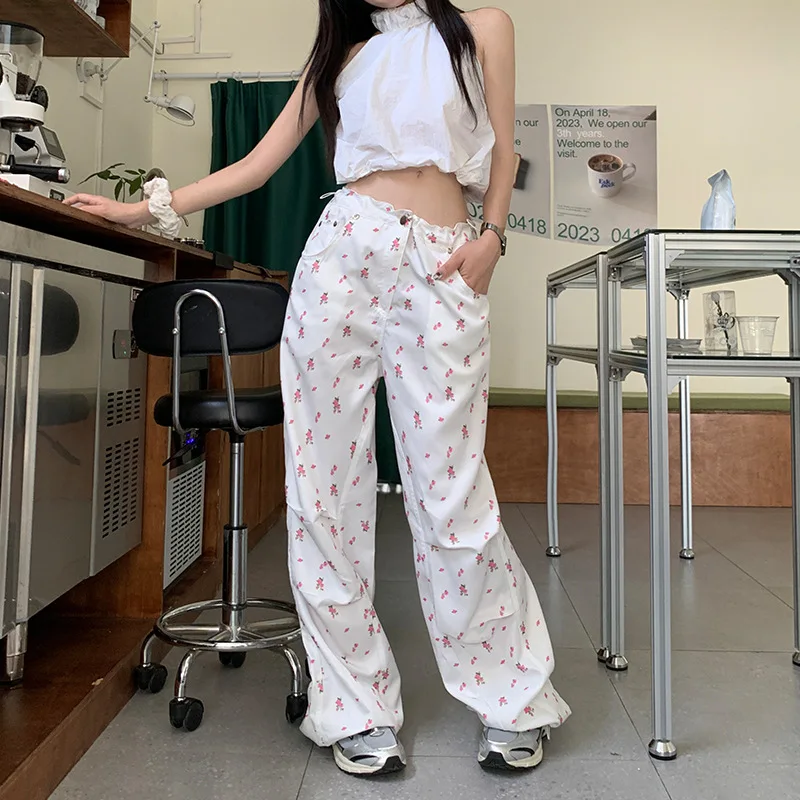 

Drawstring Overalls Women's Summer New High-waisted Loose Thin Fashion Floral White Casual Pants