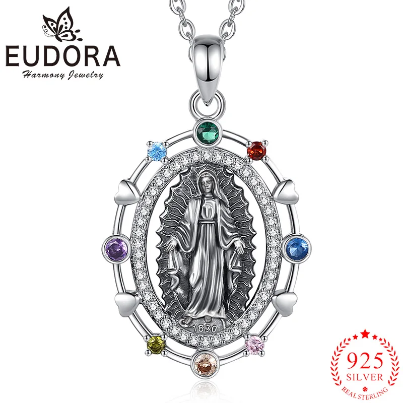 

Eudora 925 Sterling Silver Virgin Mary Necklace Colored Zircon Virgen de Guadalupe Pendant Religious Jewelry for Men Women