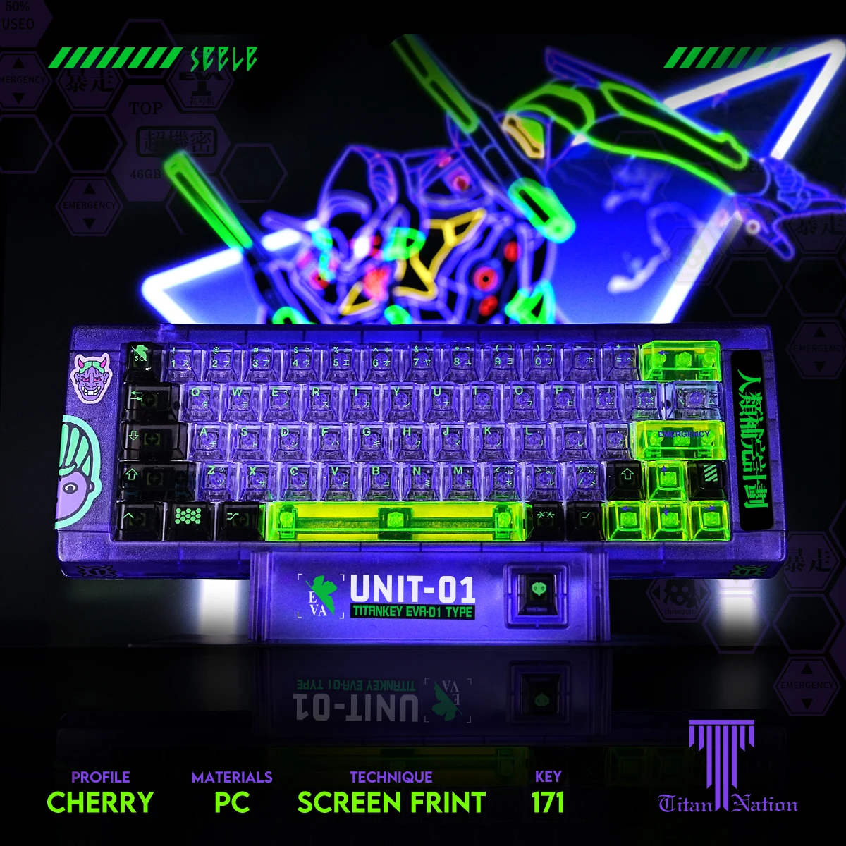 TITAN Nation keycaps แป้นพิมพ์ EVA-01 EVA, คีย์บอร์ดกลไกพิมพ์ลายเกมส์ PC แล็ปท็อปโปร่งใสพิมพ์ซับลิเมชัน01