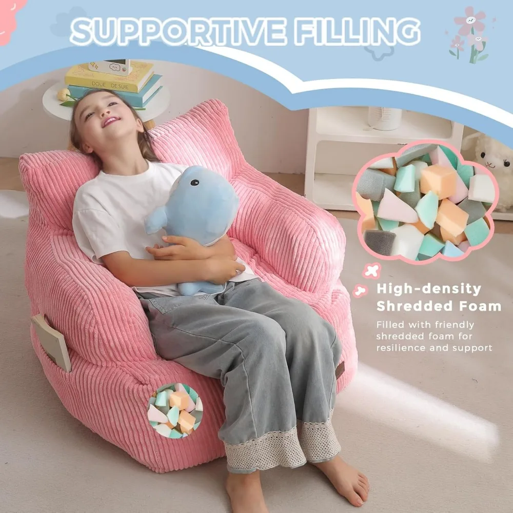 كرسي بين باج للأطفال مع جيب، حشوة إسفنجية ناعمة للراحة، أريكة أرضية وردية للألعاب والقراءة
