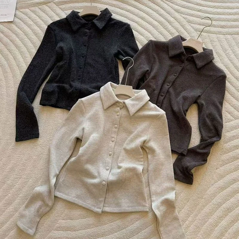 Women Lapel Collar Cardigan Solid Plain Tone Full Row Button Closure Soft Gentle Style Minimalist Fashion Long Sleeve Casual Top