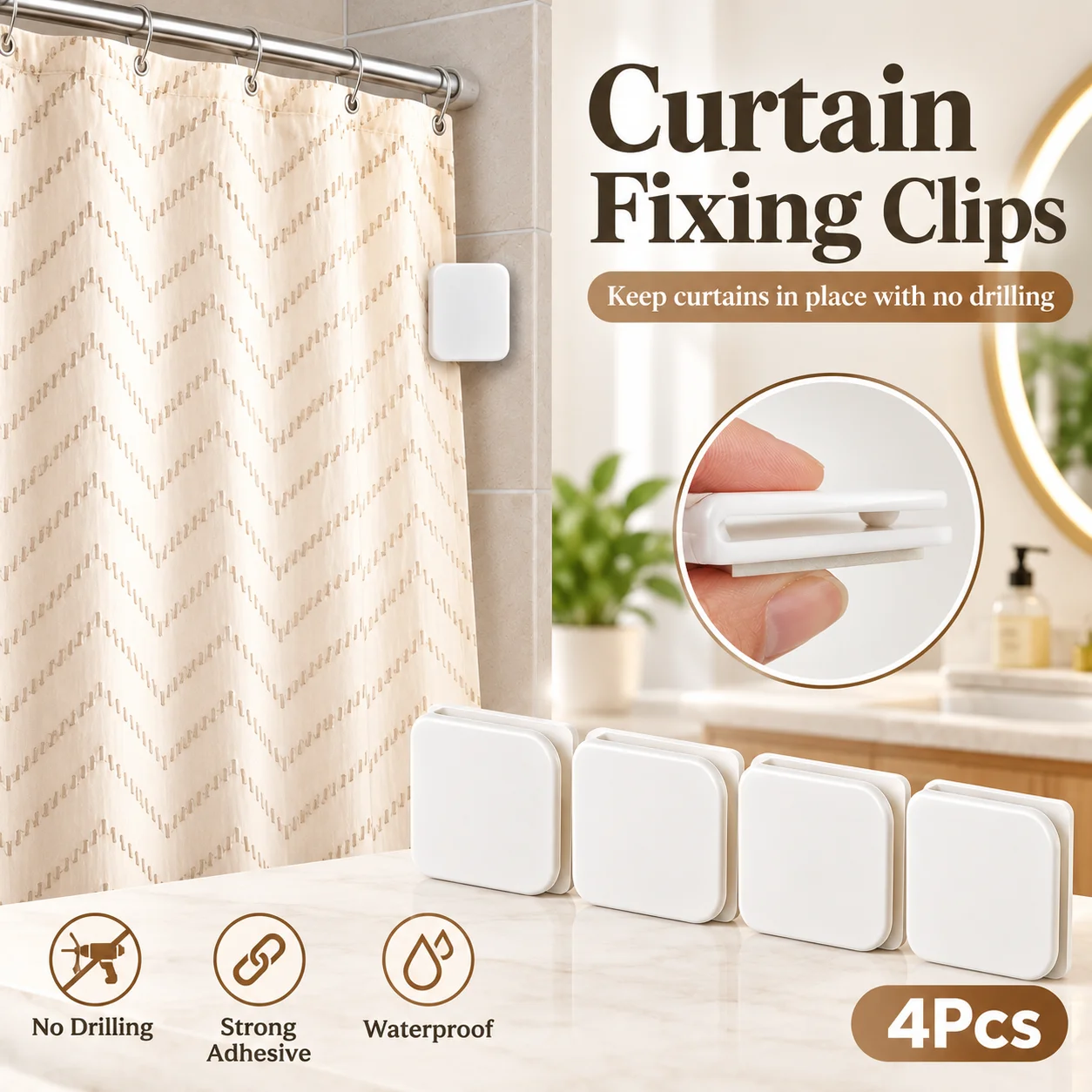 4PCS Shower Curtain Clips Self Adhesive Anti Splash Curtain Holders No Drilling ABS Bathroom Shower Curtain Fixing Clips
