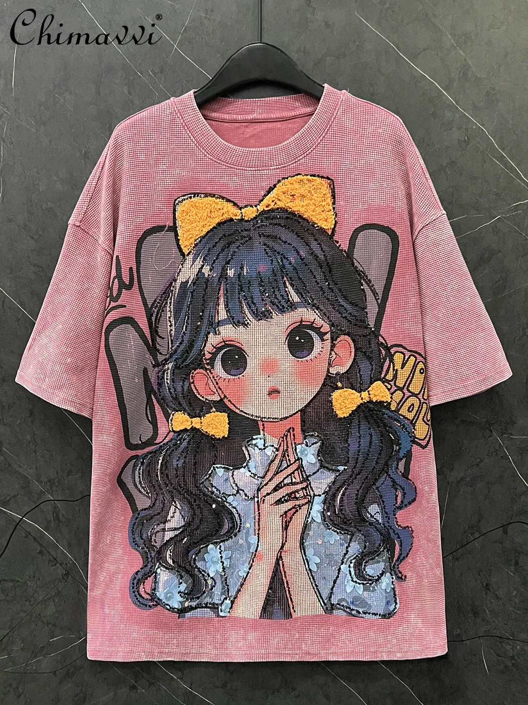 

Spring Summer New Heavy Sweet Cool Cartoon Girl Short Sleeve T-Shirt Women Loose Fashion Round Neck Casual Mid-Length Tees Top