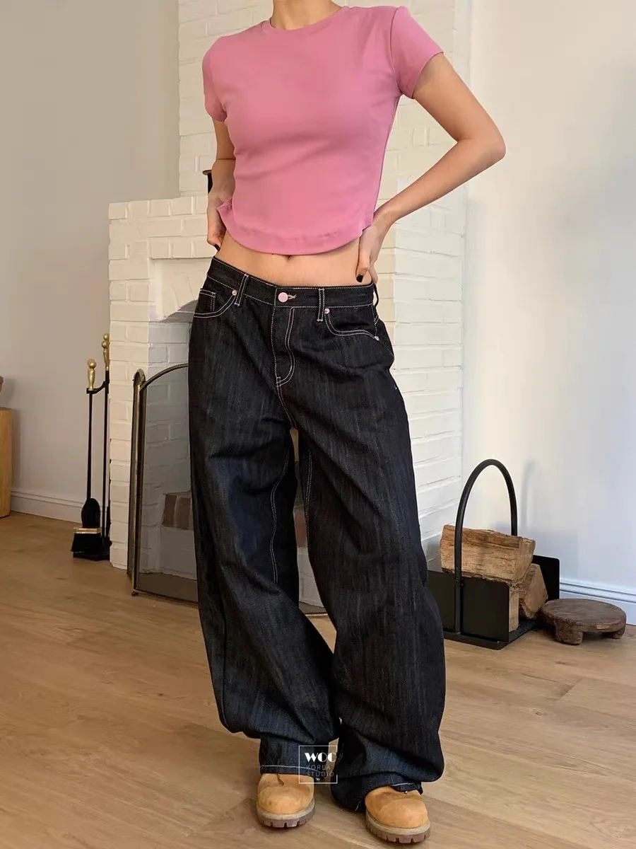 Calças Jeans Casuais de Cintura Alta com Bordado de Coração Rosa Longo East Gate Moda Fena para a Temporada de Outono