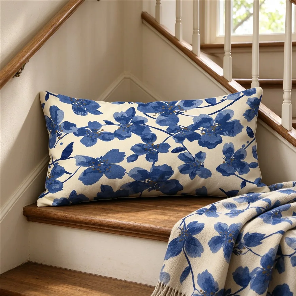 Blue White Cornflower Bloom Print Long Pillow Cover, Meadow Style, Staircase Decorative, Polyester, Bed Decor, Multi Purpose