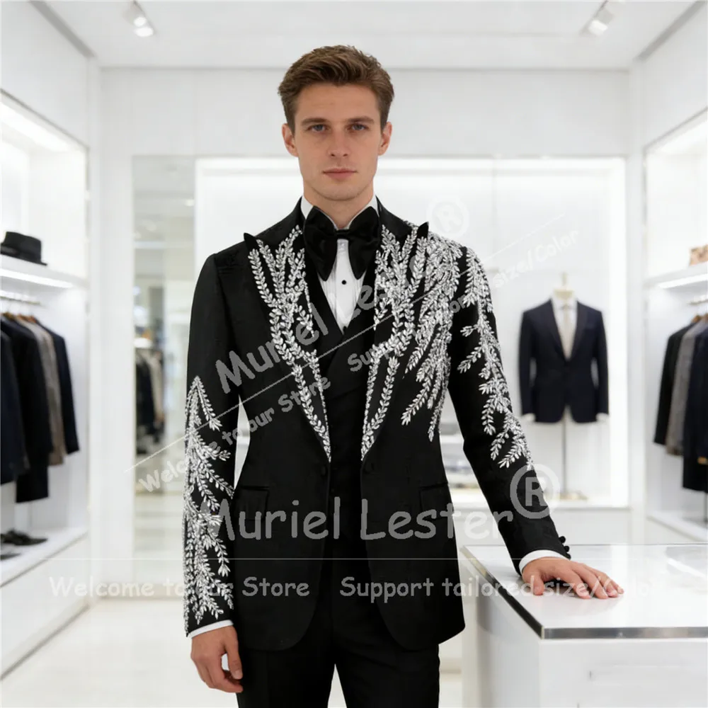 

Изысканные мужские костюмы с бисером и камнями, комплект из 3 предметов: однобортный пиджак для выпускного вечера, индивидуальный пошив, смокинги для жениха, модная мужская одежда для вечеринок