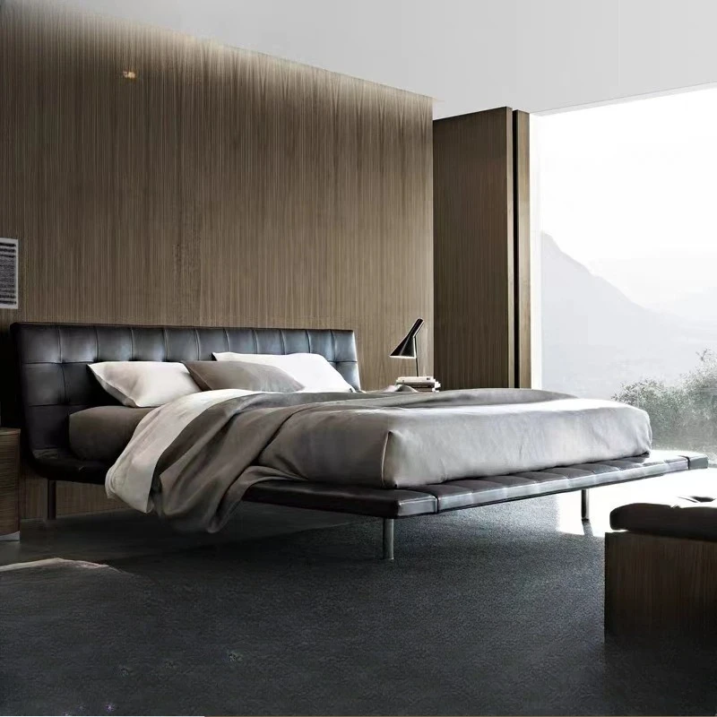 Simple modern black buckle bed, Italian light luxury leather suspension 1.8 meters