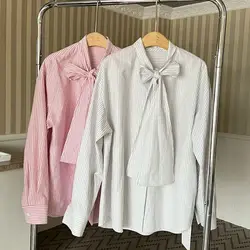 Women's pink bow striped shirt 90S High Street Spicy Girl Y2K Fashion Design Sense Formal Commuter Long Sleeve Shirt Top