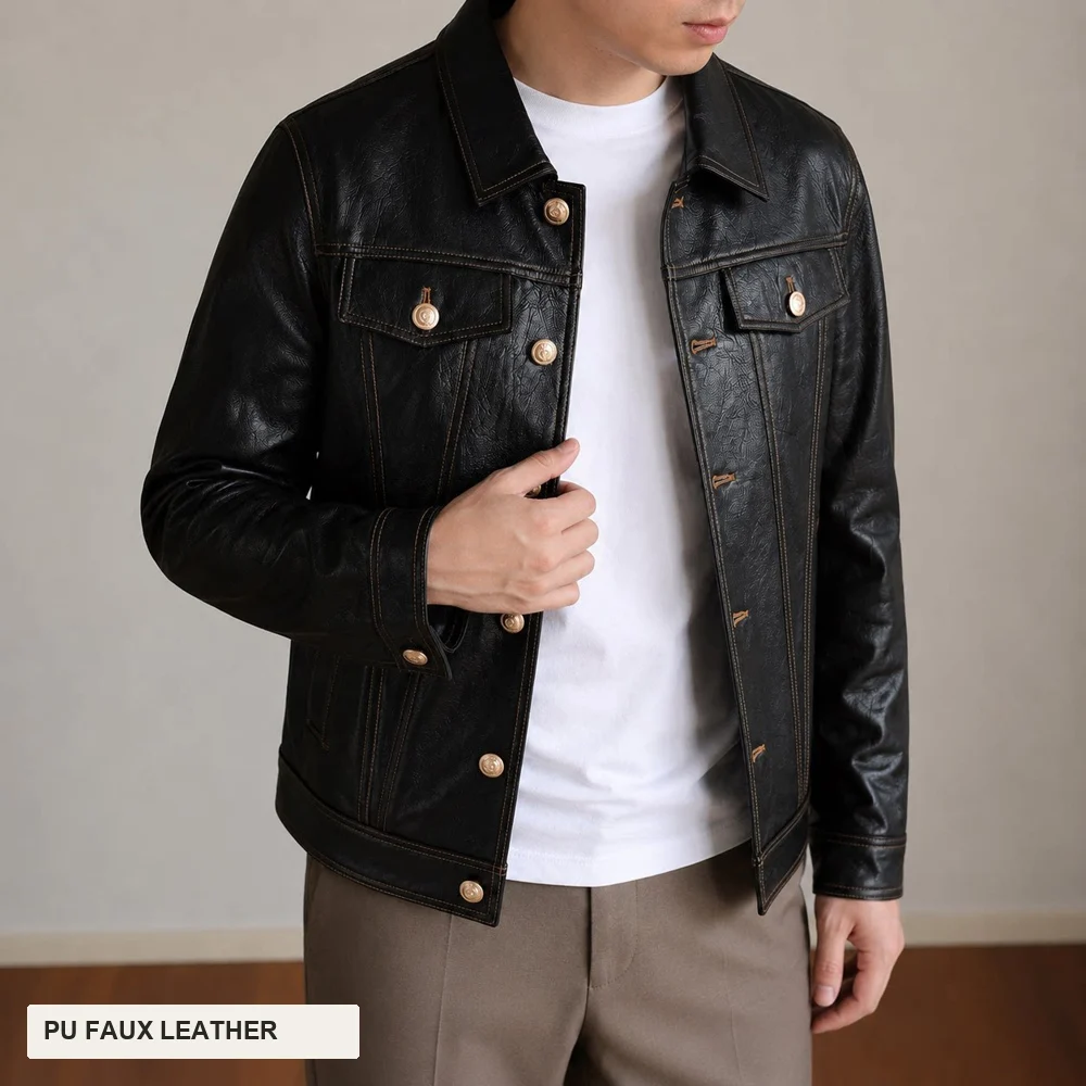 Men's Faux Leather Jacket Long Sleeves Turn Down Collar Single Breasted Button Front Slim Fit Casual Autumn Winter Outerwear