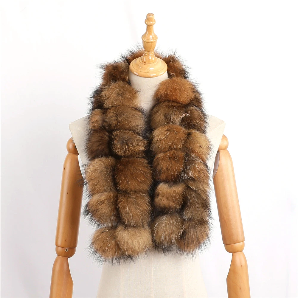 

2022 New Arrival Women's Winter Handmade Real Raccoon Fur Pom Poms Scarf Scarves Rabbit Fur Wraps Neck Warmer Neckercheif