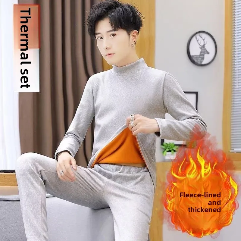 

Thickened Fleece Warm Underwear Men's Long Sleeve High Collar Cotton Thermal Base Layer Shirt Couple Matching Set Home Wear