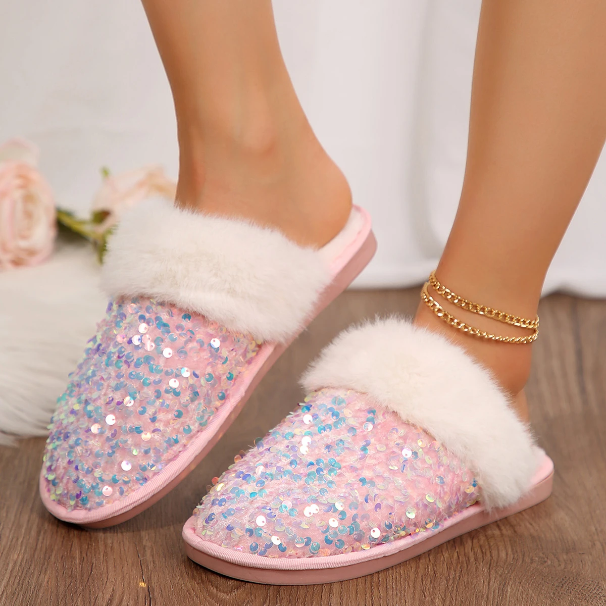 Shining Sequins Home Fur Slippers Women 2024 Winter Warm Plush Flat Cotton Shoes Woman Indoor Bedroom Soft Sole Fluffy Slippers