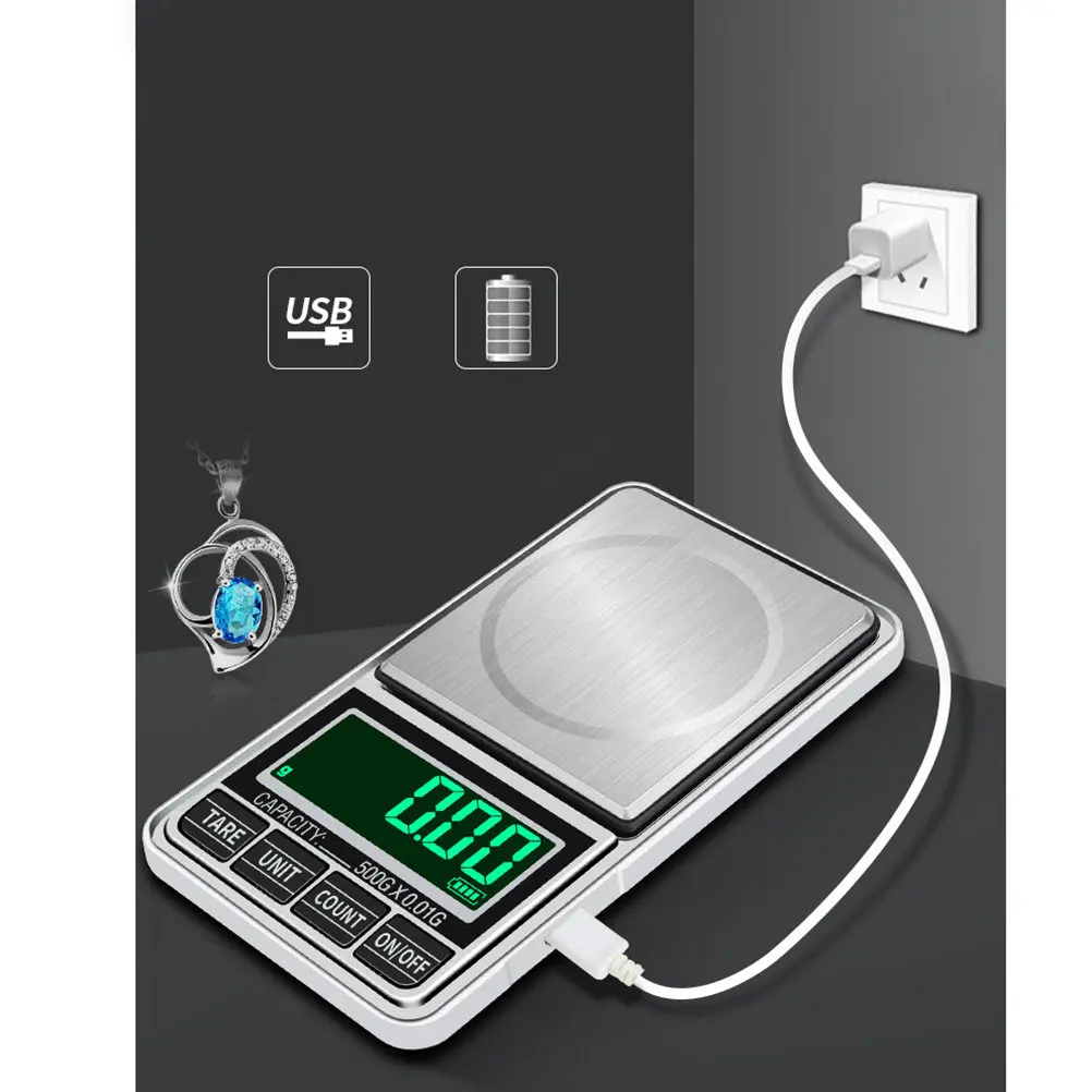 Jewelry Scale 500G/0.01G Stainless Steel Backlit Lcd Mini Scale For Coins Tea Pills Usb Powered