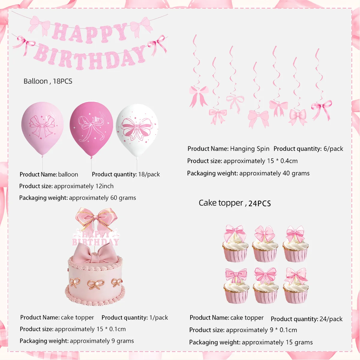 Różowa kokardka Urodzinowy zestaw imprezowy Jednorazowa zastawa stołowa Happy Birthday Banner Dekoracja Dziewczyna Kokarda Etykieta Dekoracja ślubna — zdjęcie 3