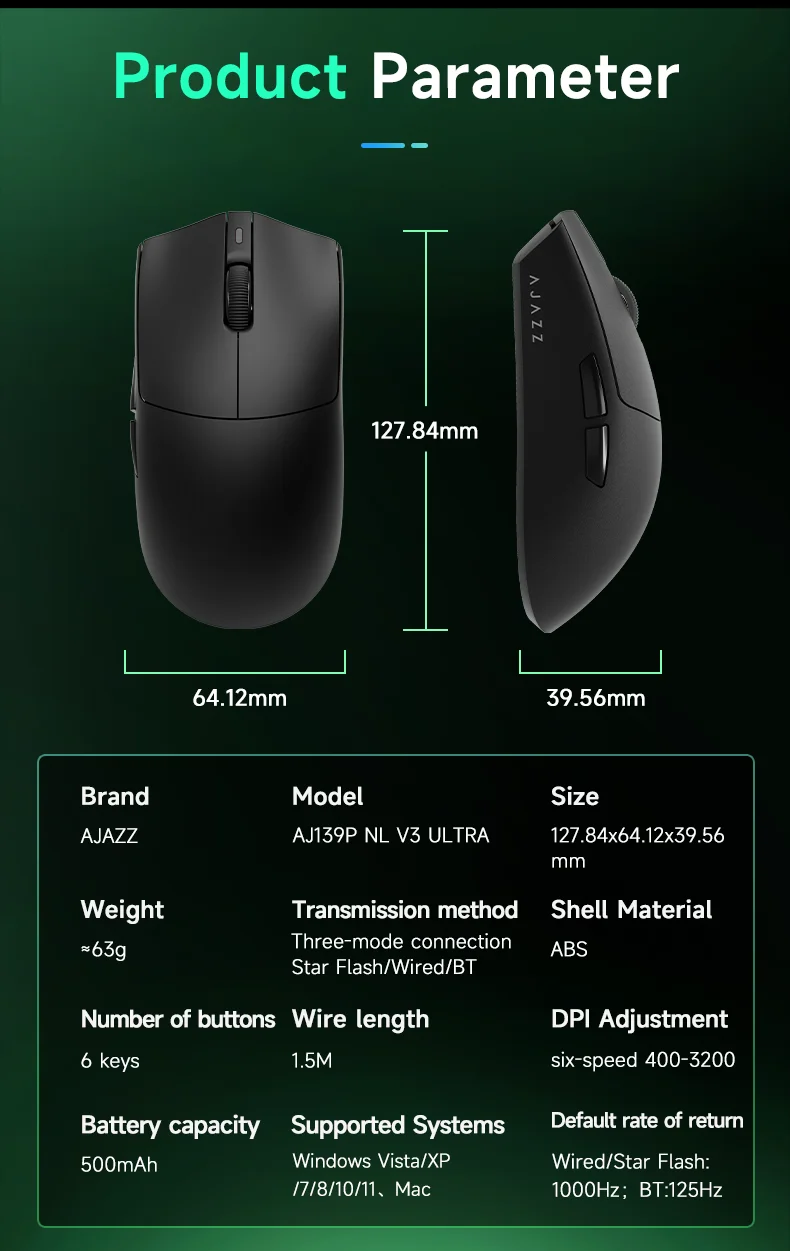 AJAZZ AJ139P NL V3 Ultra 3-Mode Wireless Mouse, 8K, PAW3950, 63g Lightweight, RGB, Magnetic Charging Base