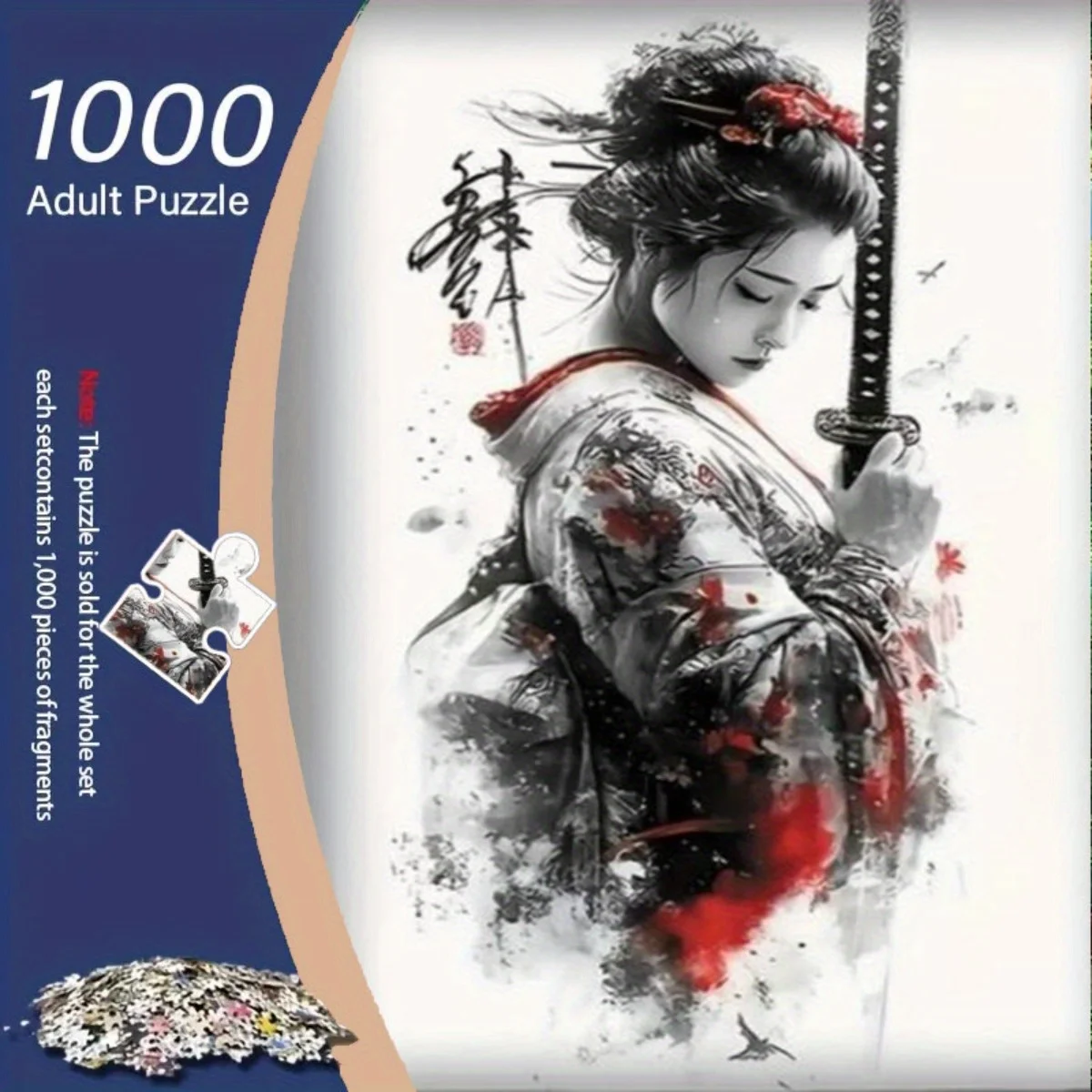 1000pcs Japanese Geisha Puzzle - Elegant Kimono & Katana Ink Painting Art with Samurai Sword, Large Frameless Jigsaw for Adult