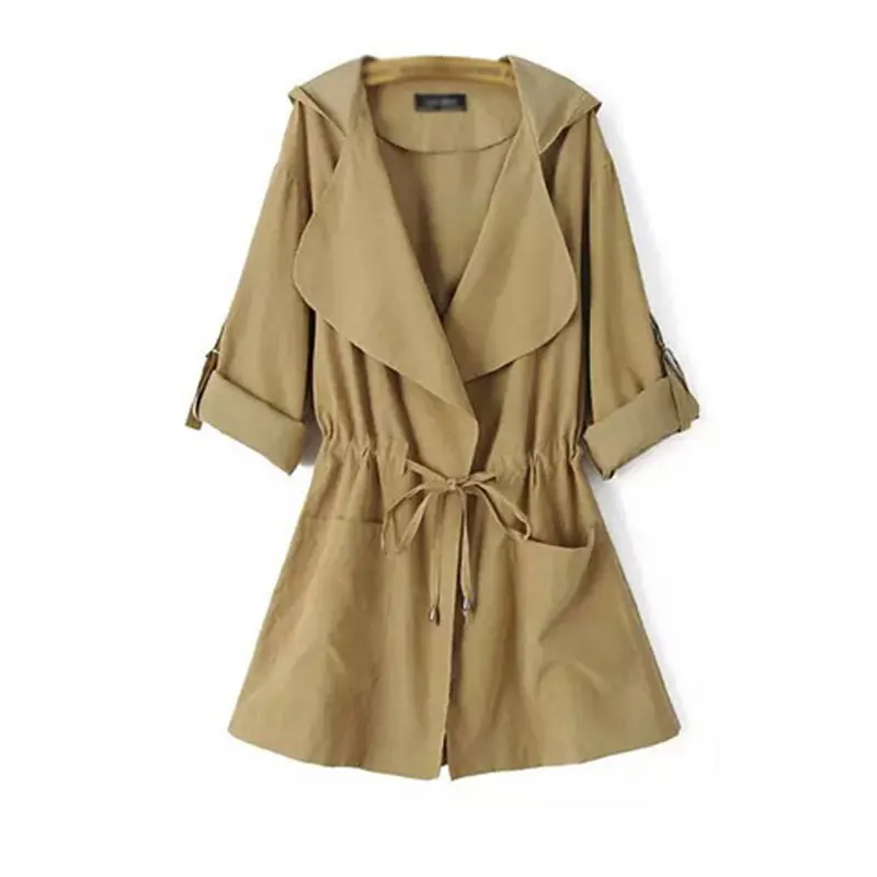 Autumn New Fashion Women's Light Medium-Length Hooded Coat Pure Color Waist-Cinching Long Sleeve Jacket Street Style Polyeste...