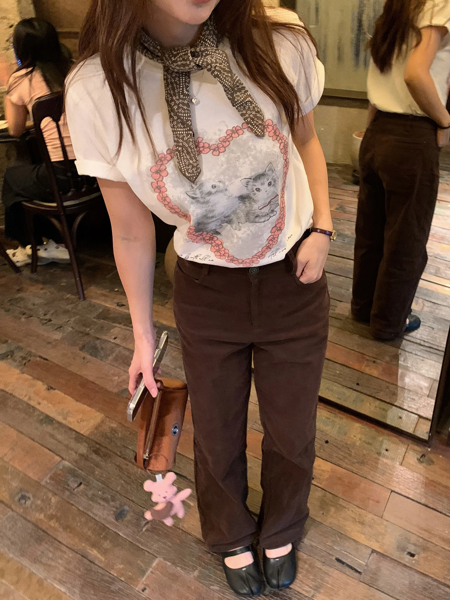 

XierZ Weekly Cute Print ort Sve T-irt Women's Base Layer Top Korean Sle Straight Cut Universal Fit Streetwear