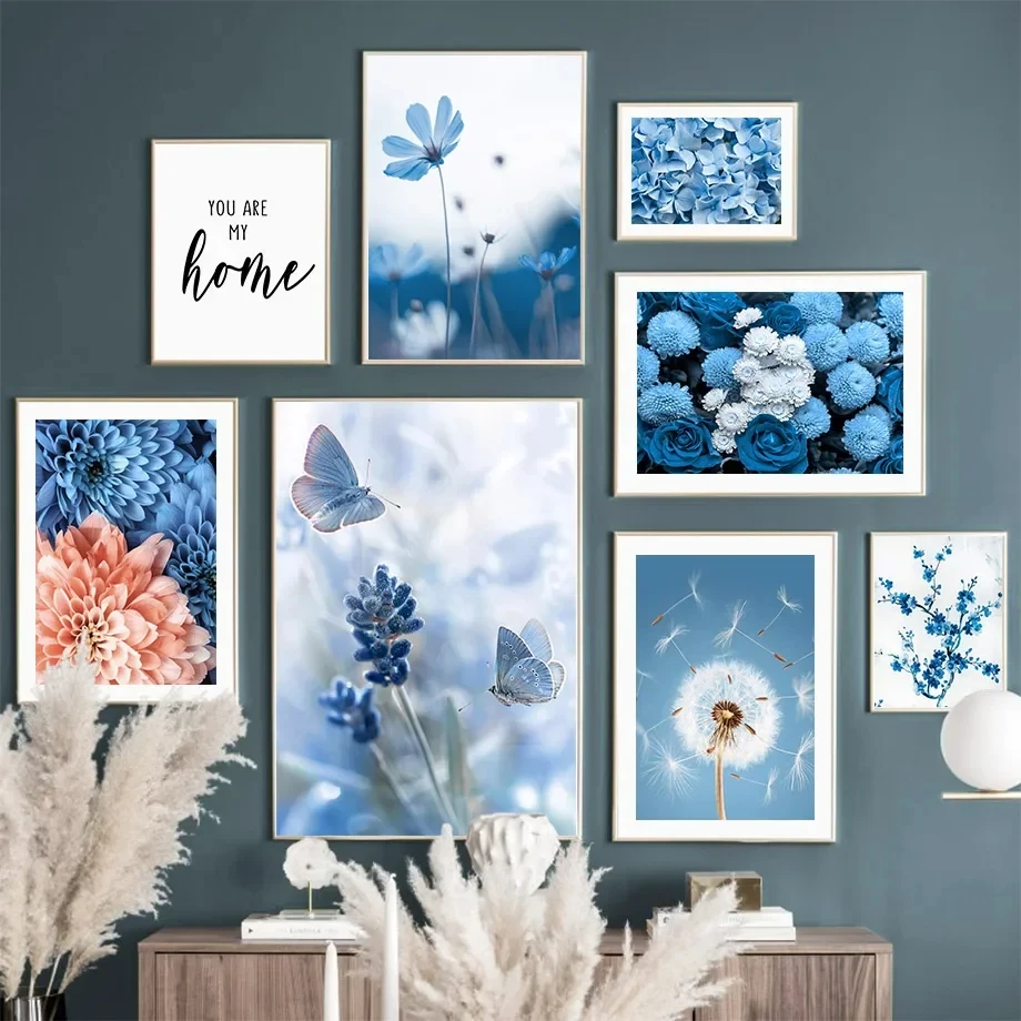 Wall Art Blue Tone Dandelion Peony Orchid Flower Oil Painting Spring Poster and Printmaking Living Room Home Decoration Pictures